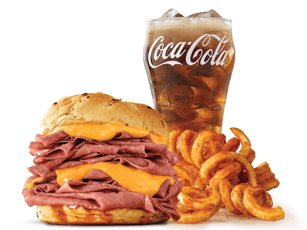 Arby's Cheesey Beef, Curly Fries and Coca Cola