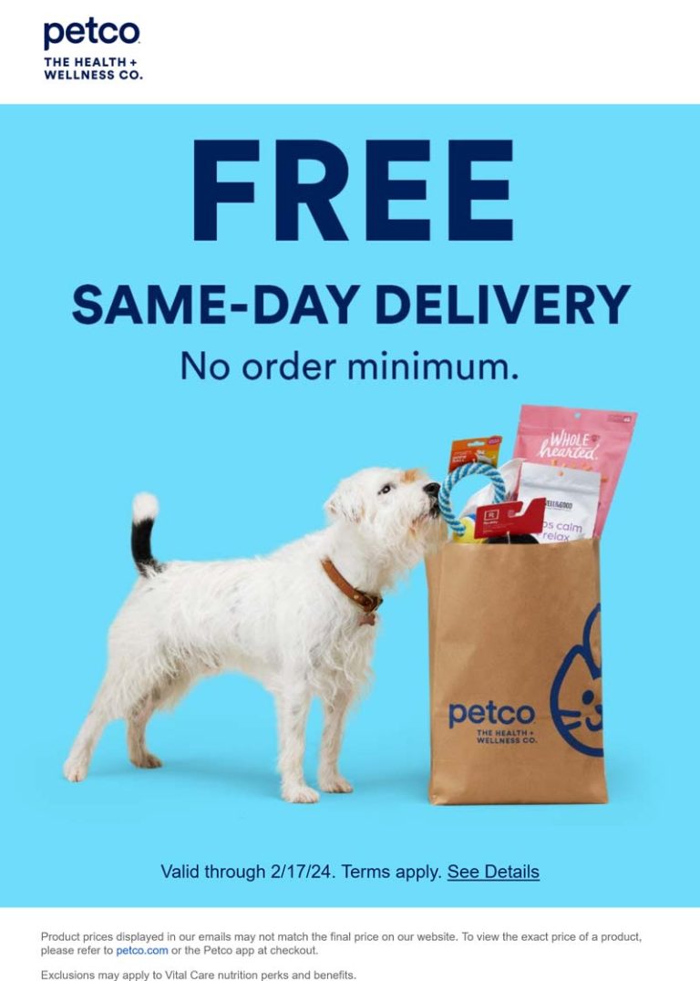 Free same-day delivery at Petco, no minimum order