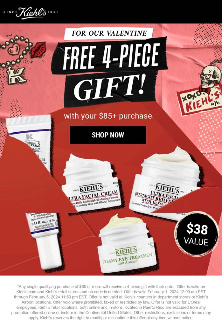 Free 4pc on $85 today at Kiehls, ditto online