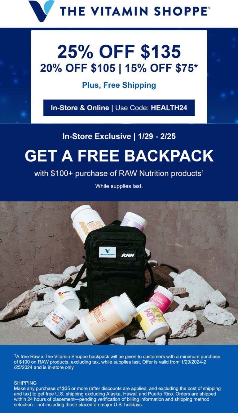 15-25% off $75+ & more today at The Vitamin Shoppe, or online via promo code HEALTH24