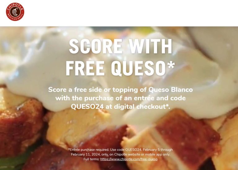 Free queso with your entree at Chipotle via promo code QUESO24