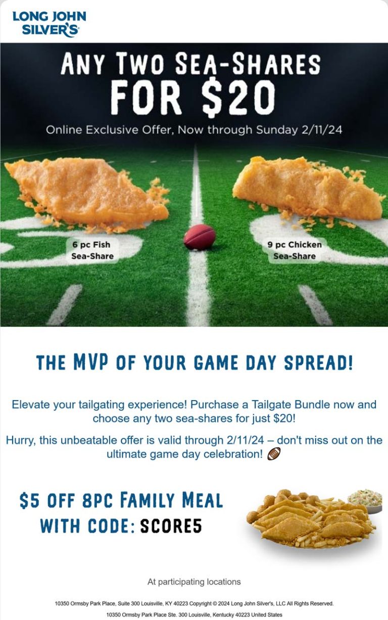 6pc fish, 9pc chicken, also 15 battered grilled or popcorn shrimp = 2 for $20 at Long John Silvers, also $5 off 8pc via promo code SCORE5