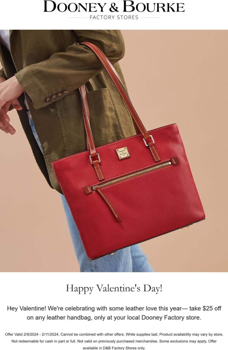 Dooney & Bourke Factory coupon: $25 off any leather handbag at Dooney & Bourke Factory stores