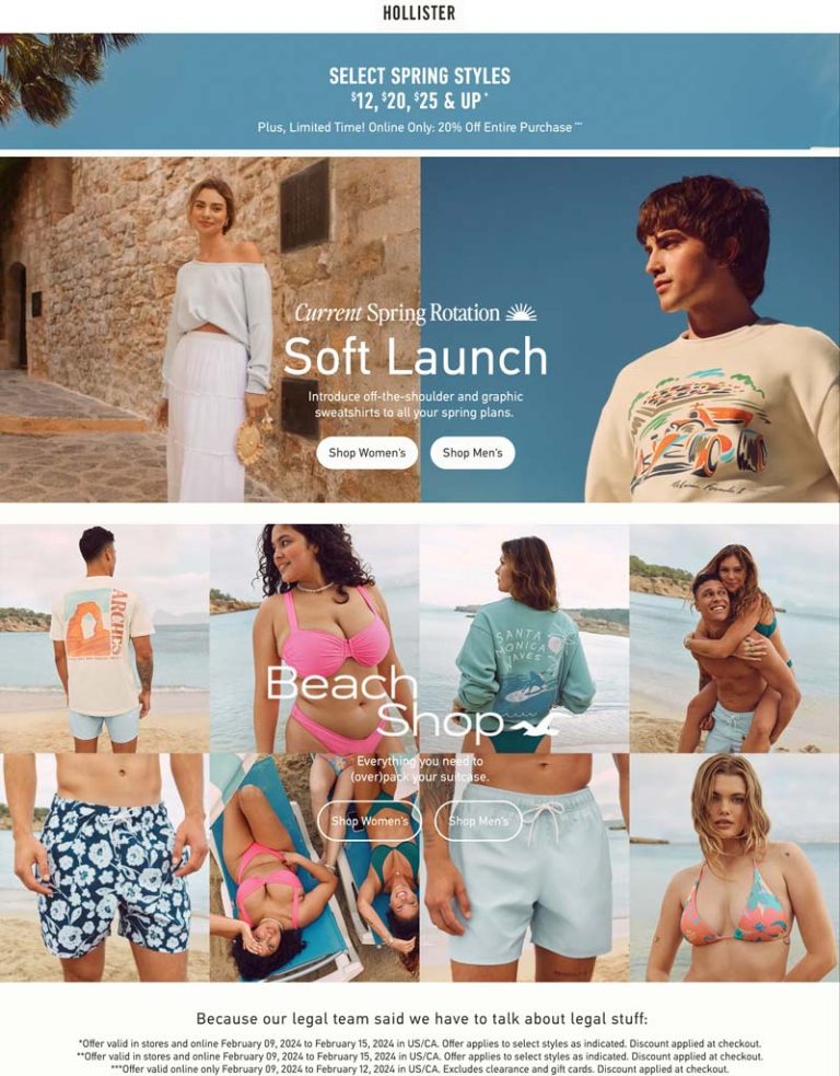 20% off everything online at Hollister