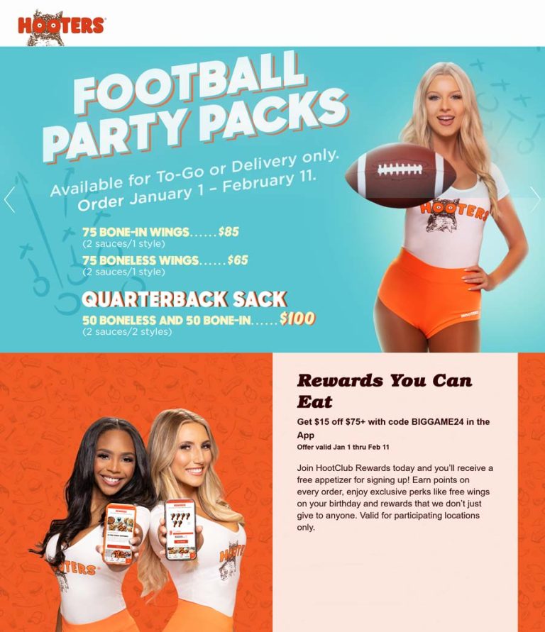 $10 off $75 via mobile today at Hooters restaurants via promo BIGGAME24, also 50 boneless & 50 bone-in for $100