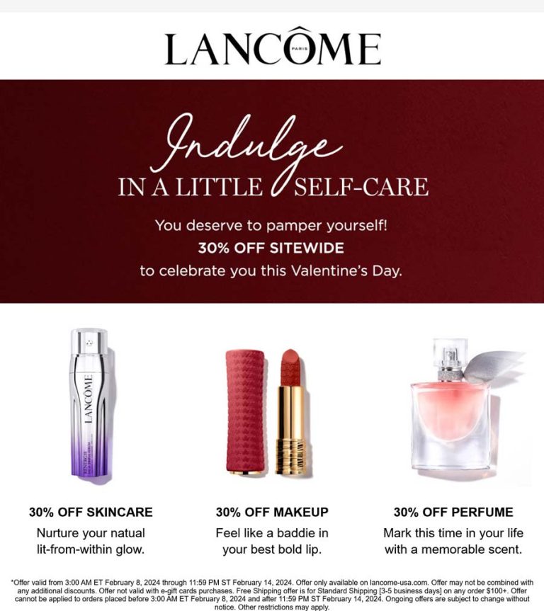 30% off everything online at Lancome makeup skincare & perfume