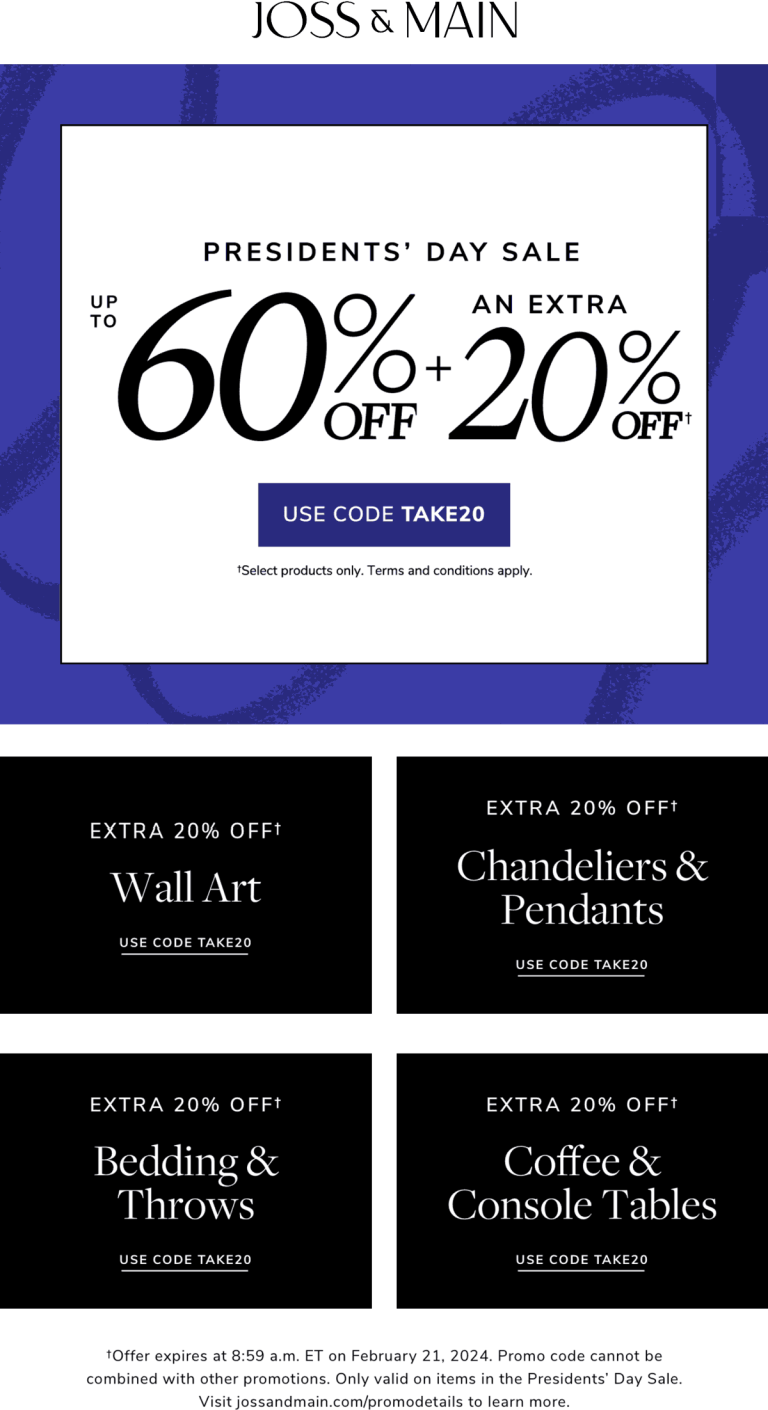 Joss & Main coupon: Extra 20% off at Joss & Main via promo code TAKE20