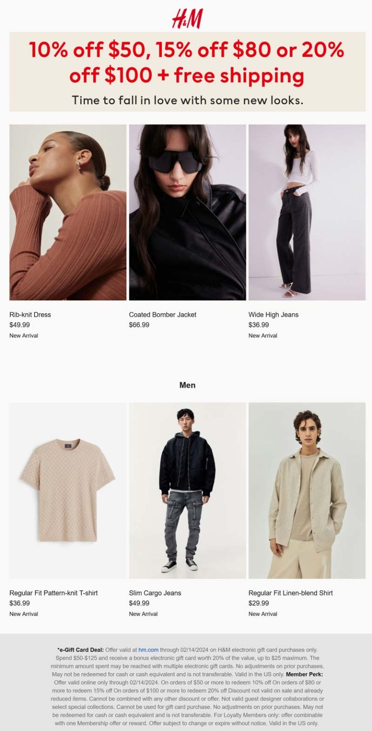 H&M coupon: 10-20% off $80+ online today at H&M