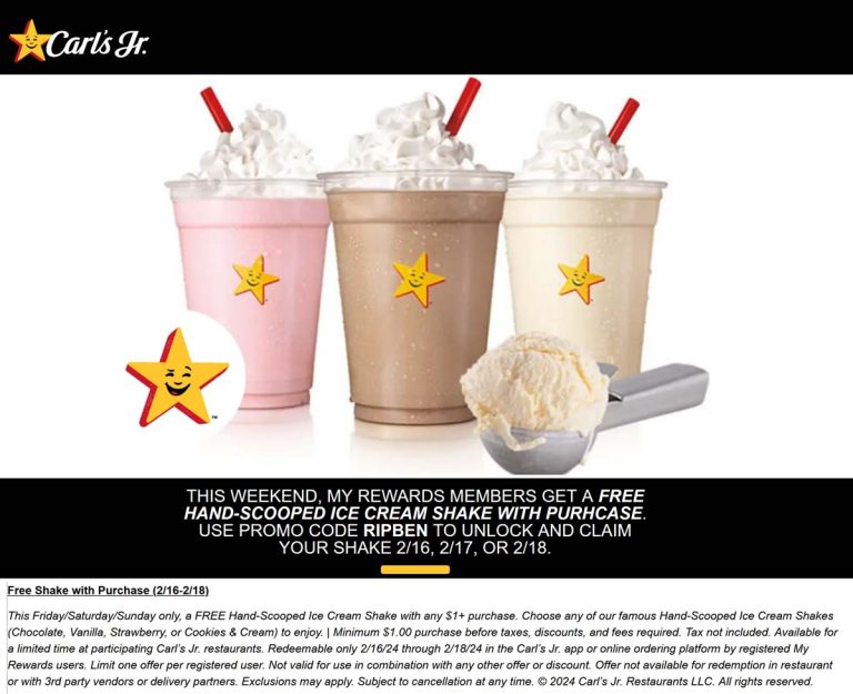 Free milkshake on $1 spent this weekend at Carls Jr via promo code RIPBEN
