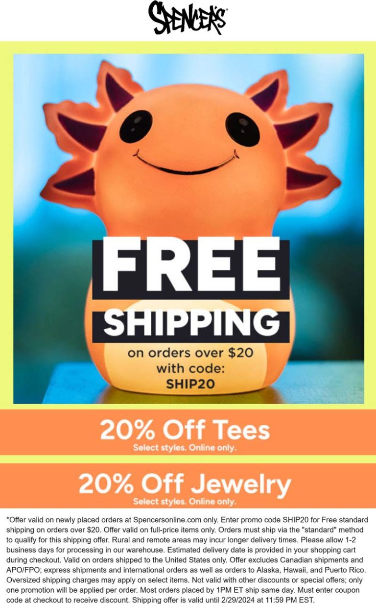 20% off tees & jewelry with free shipping at Spencers via promo code SHIP20