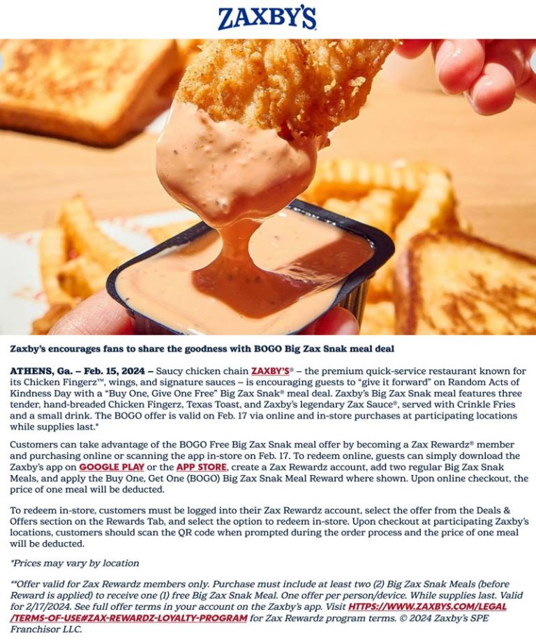 Second big zax snak meal free via login Saturday at Zaxbys