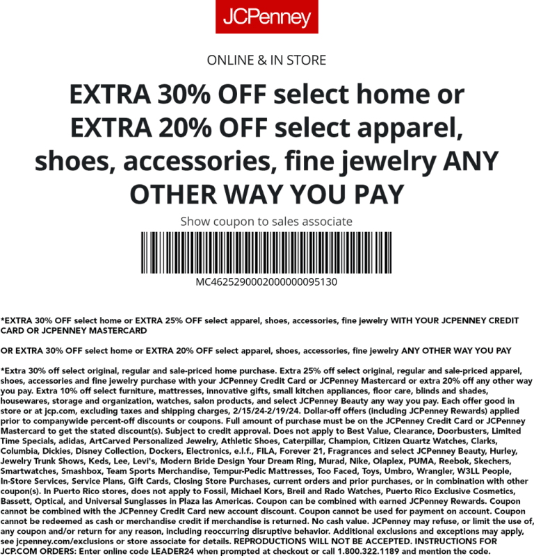 Extra 20-30% off at JCPenney, or online via promo code LEADER24