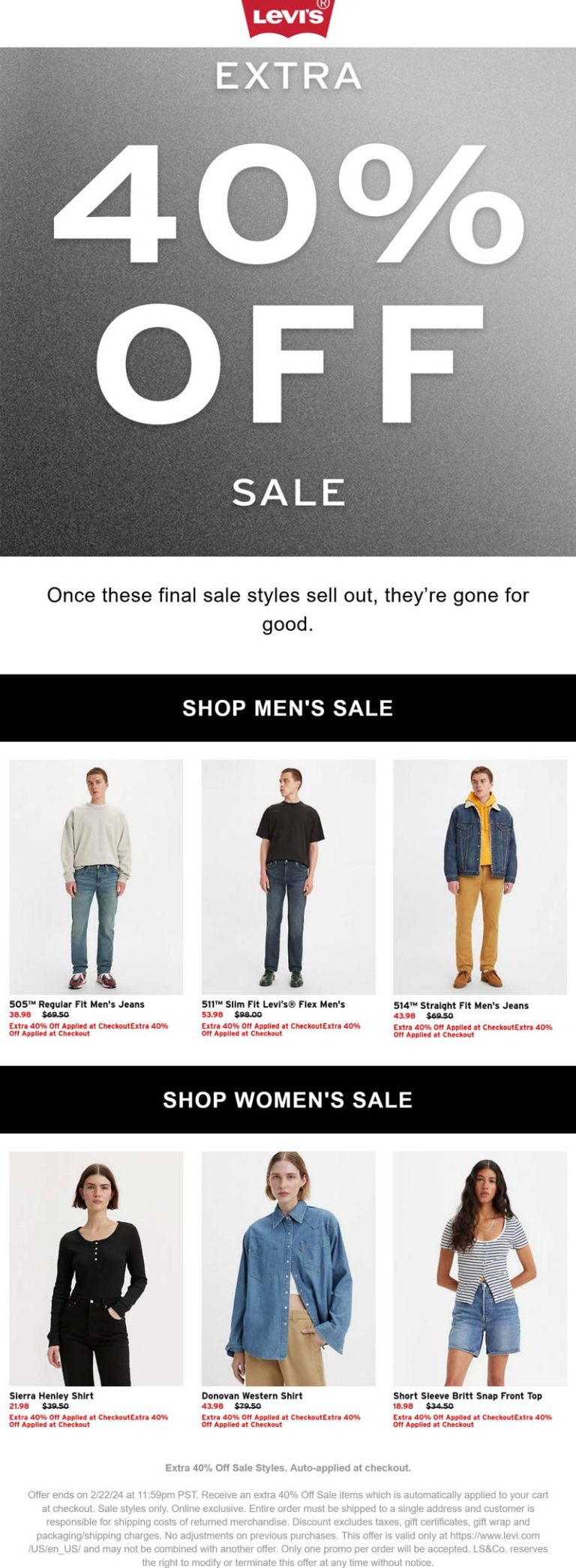 Extra 40% off sale styles online at Levis