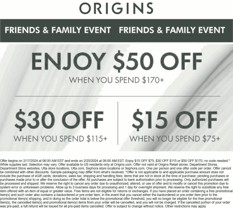 $15-$50 off $75+ online at Origins