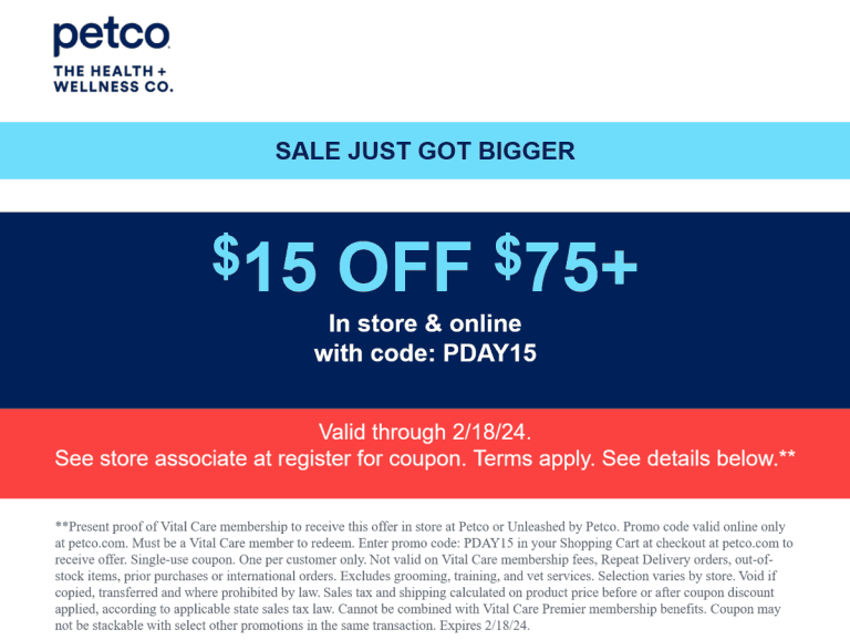 $15 off $75 today at Petco, or online via promo code PDAY15
