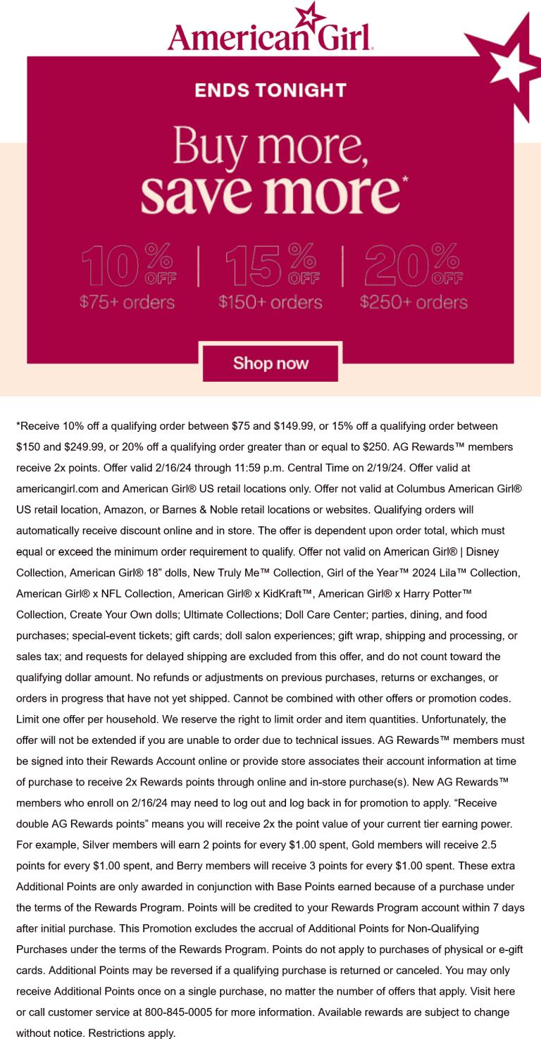 10-20% off $75+ today at American Girl
