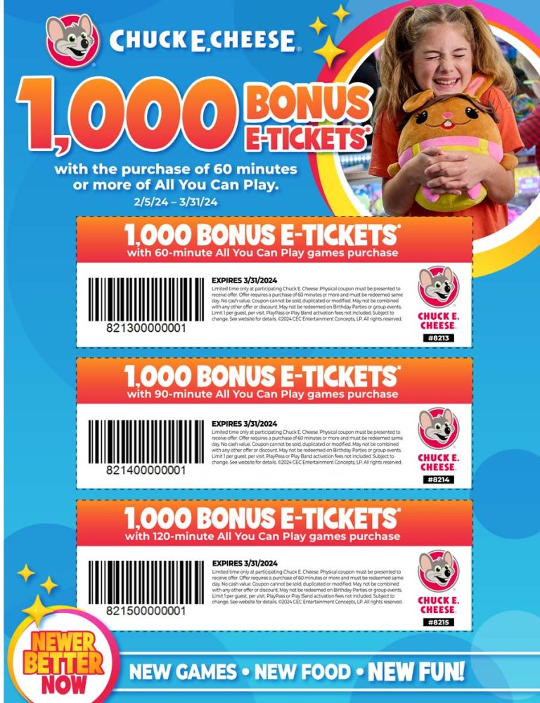1,000 bonus tickets on 60min games play at Chuck E. Cheese pizza