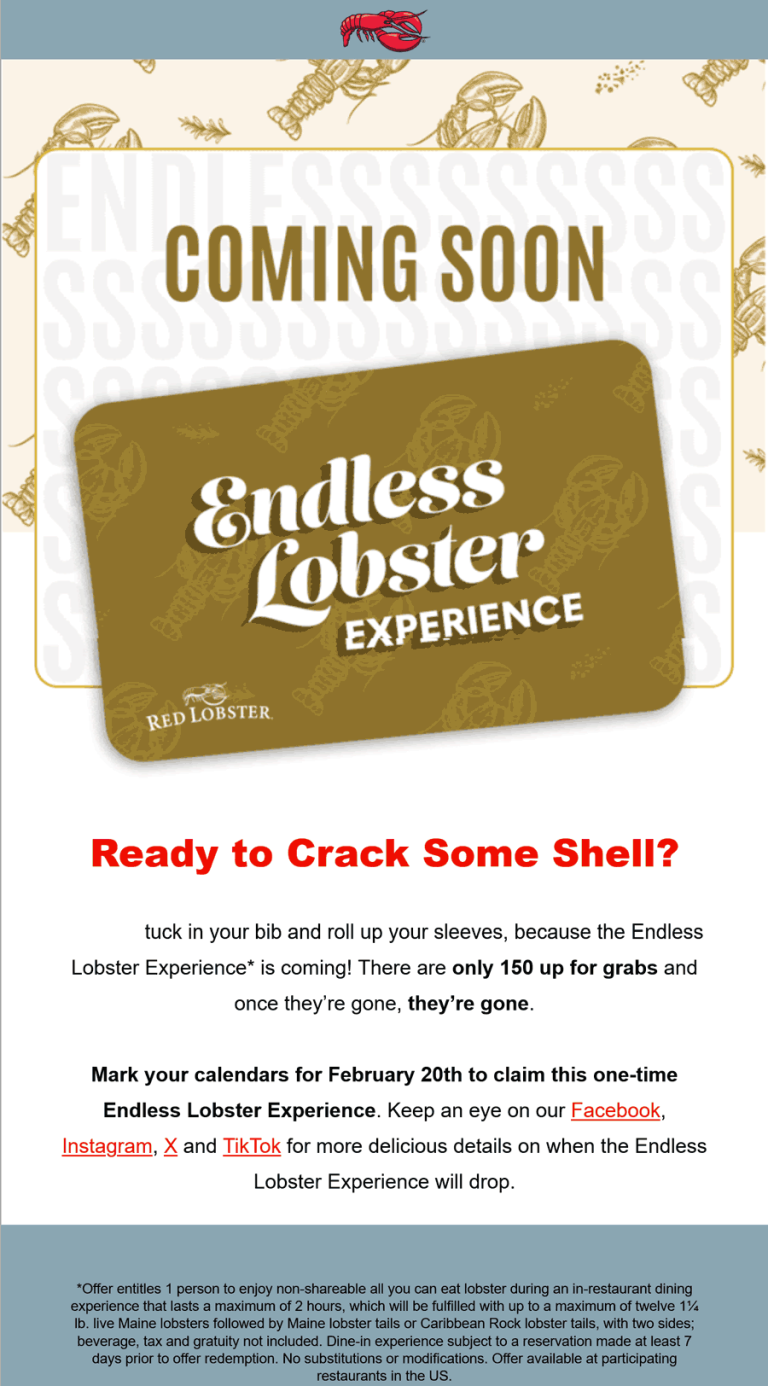 150 cards up for grabs Tuesday for 2hrs of unlimited lobster at Red Lobster restaurants