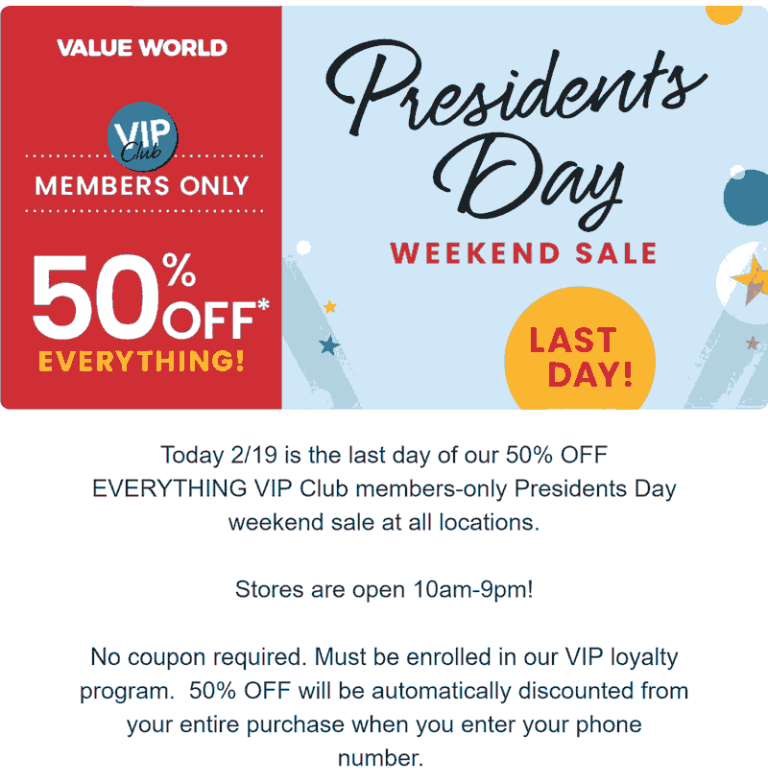 50% off everything today at Value World