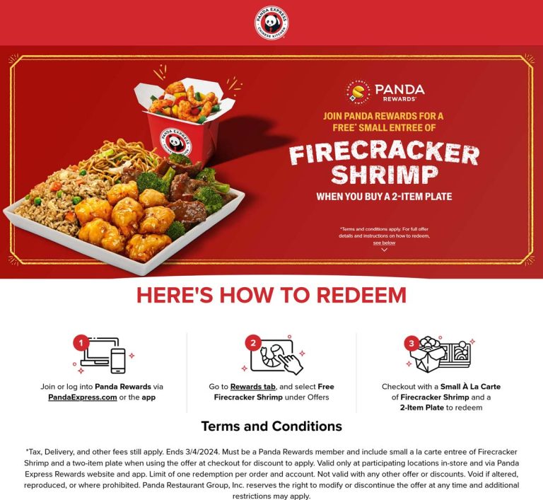Free firecracker shrimp with your plate via login at Panda Express restaurants