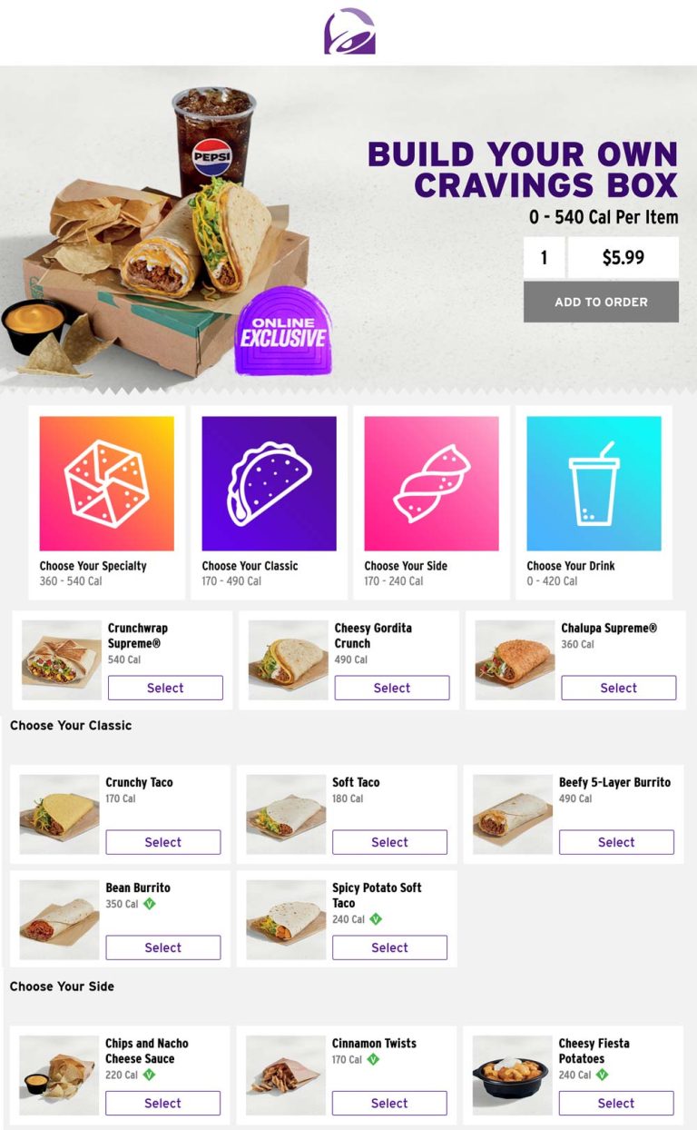 Entree + taco or burrito + side + drink = $6 cravings box online at Taco Bell