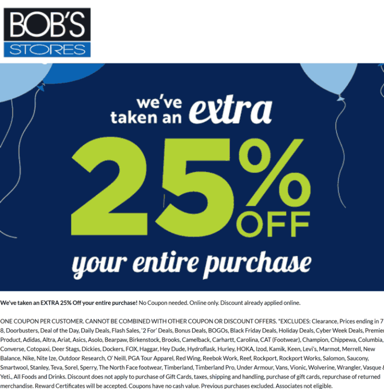 Extra 25% off online at Bobs Stores