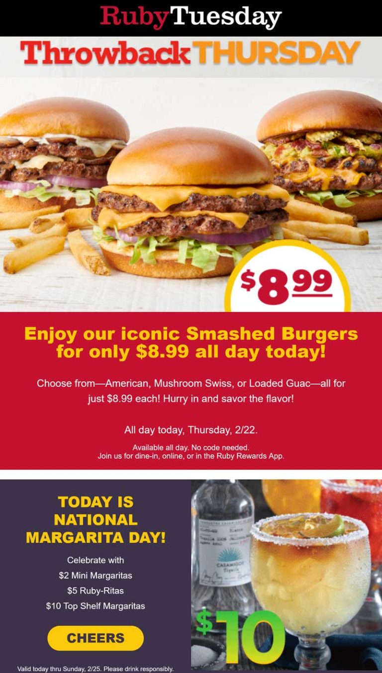 $9 double cheeseburgers with fries & $5 margaritas today at Ruby Tuesday