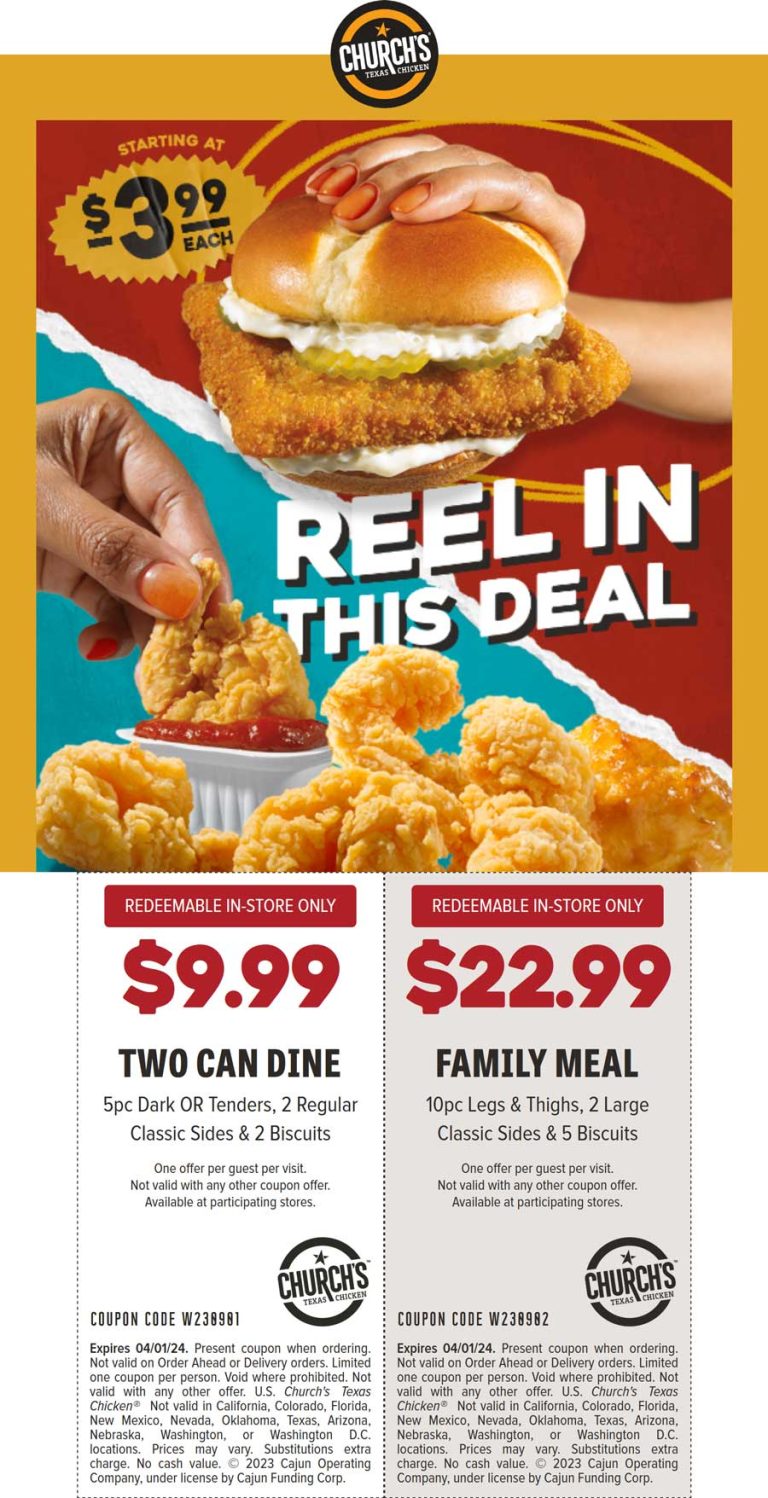 5pc + 2 sides + 2 biscuits = $10 & more at Churchs Chicken