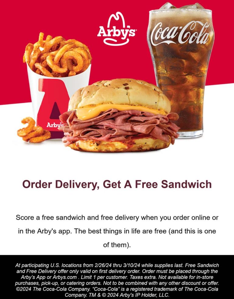 Free sandwich with your first free delivery at Arbys