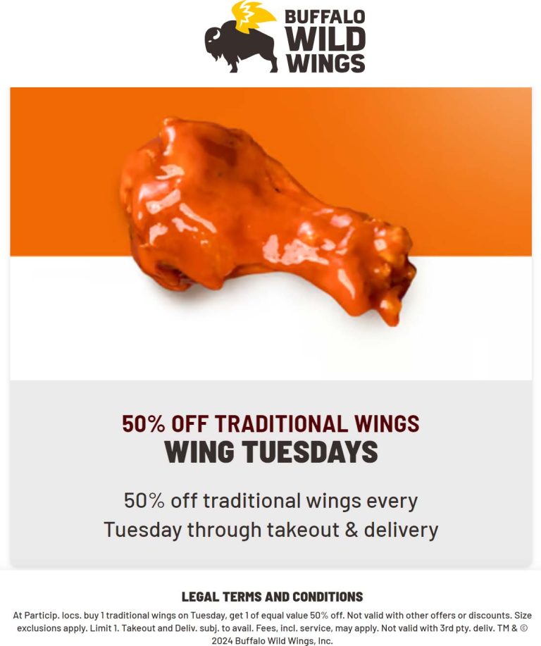 50% off takeout chicken wings today at Buffalo Wild Wings