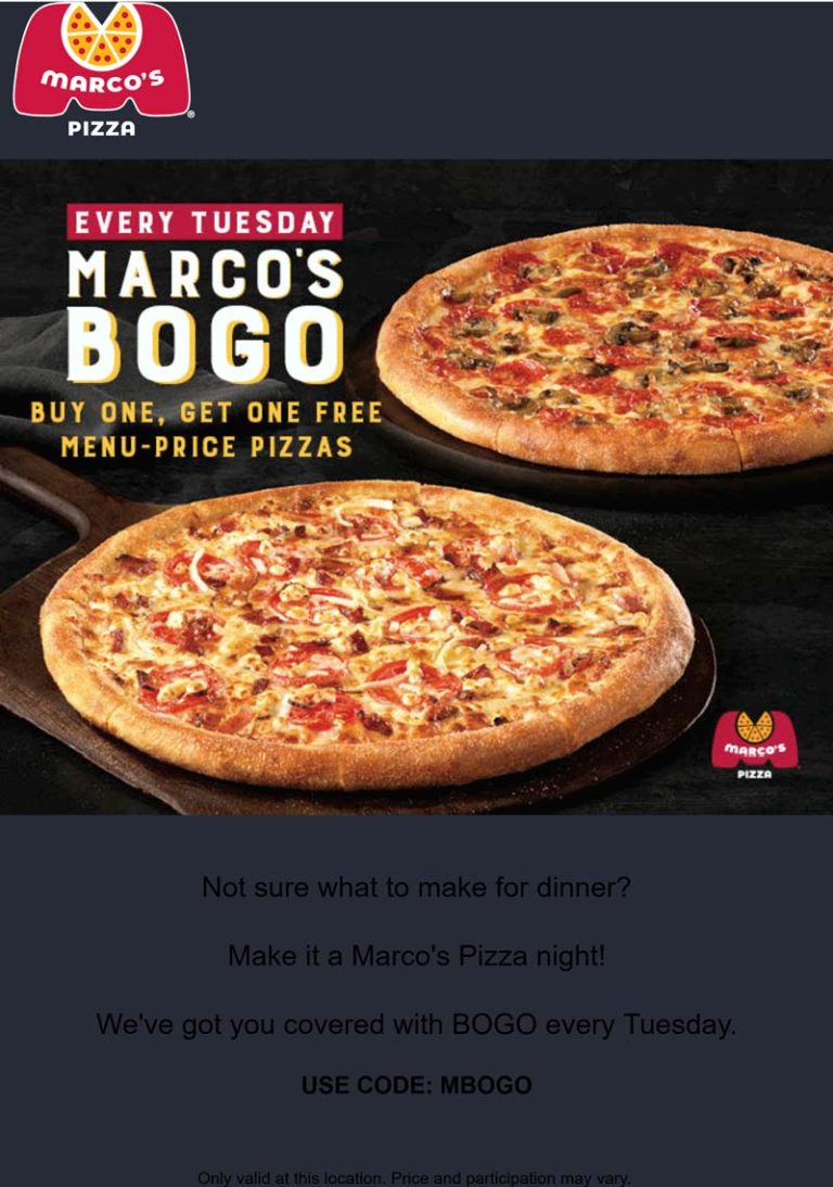 Second pizza free today at Marcos via promo code MBOGO