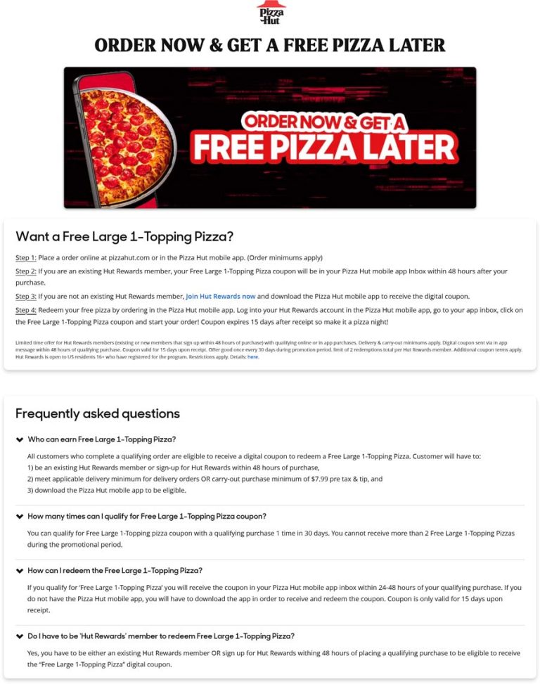 Follow-up large 1-topping pizza free via mobile at Pizza Hut