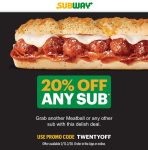 20% off any sub today at Subway via promo code TWENTYOFF #subway