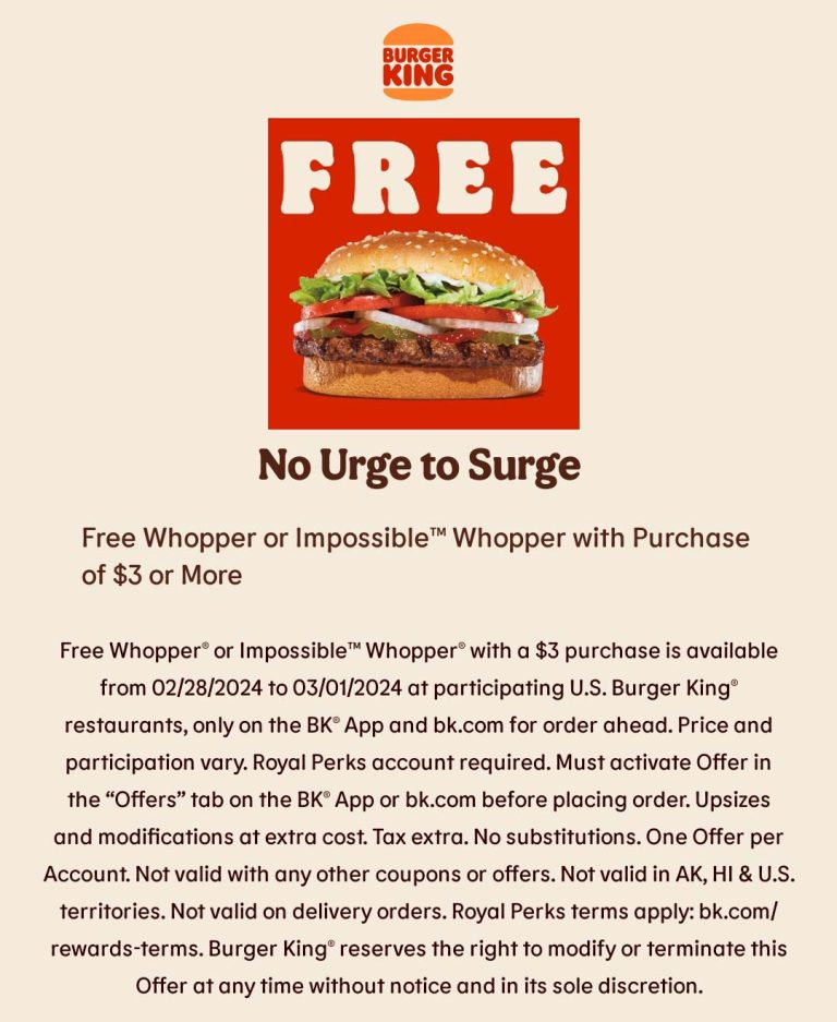 Free whopper on $3 via mobile at Burger King restaurants