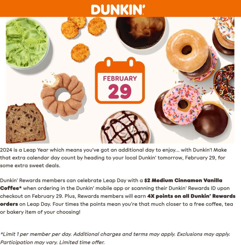 $2 medium cinnamon vanilla coffee via mobile today at Dunkin Donuts