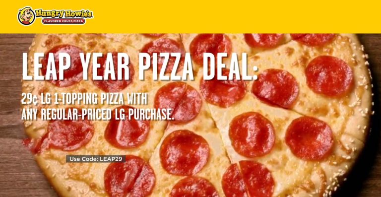 Second large pizza .29 cents today at Hungry Howies via promo code LEAP29