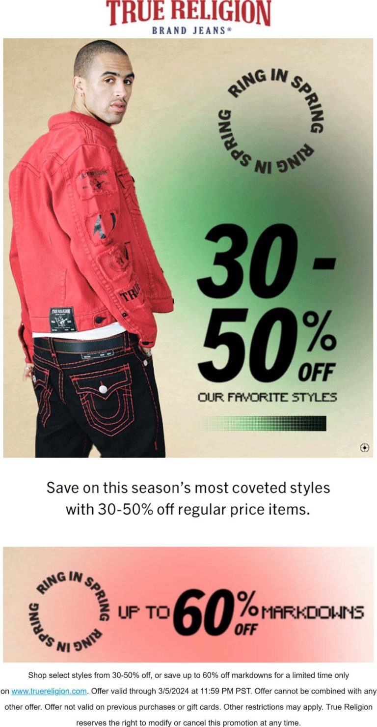 30-50% off favorites & 60% off sale items at True Religion