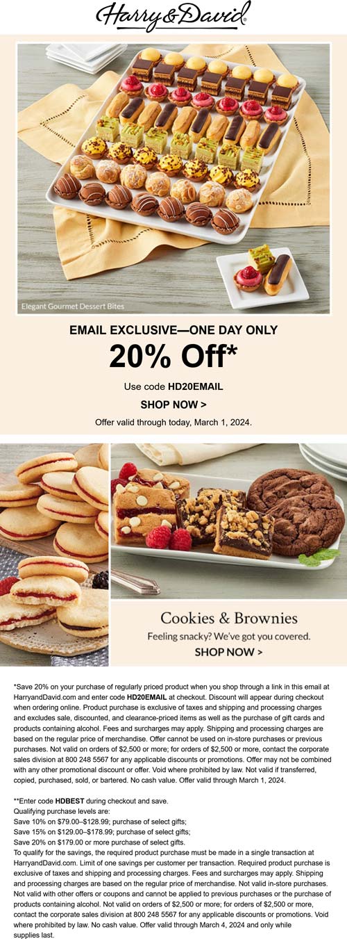 20% off at Harry and David via promo code HDBEST
