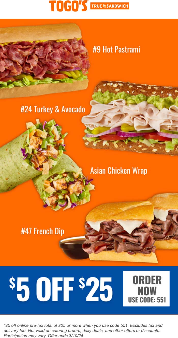  5 off 25 at togos restaurant via promo code 551 togos the coupons app 