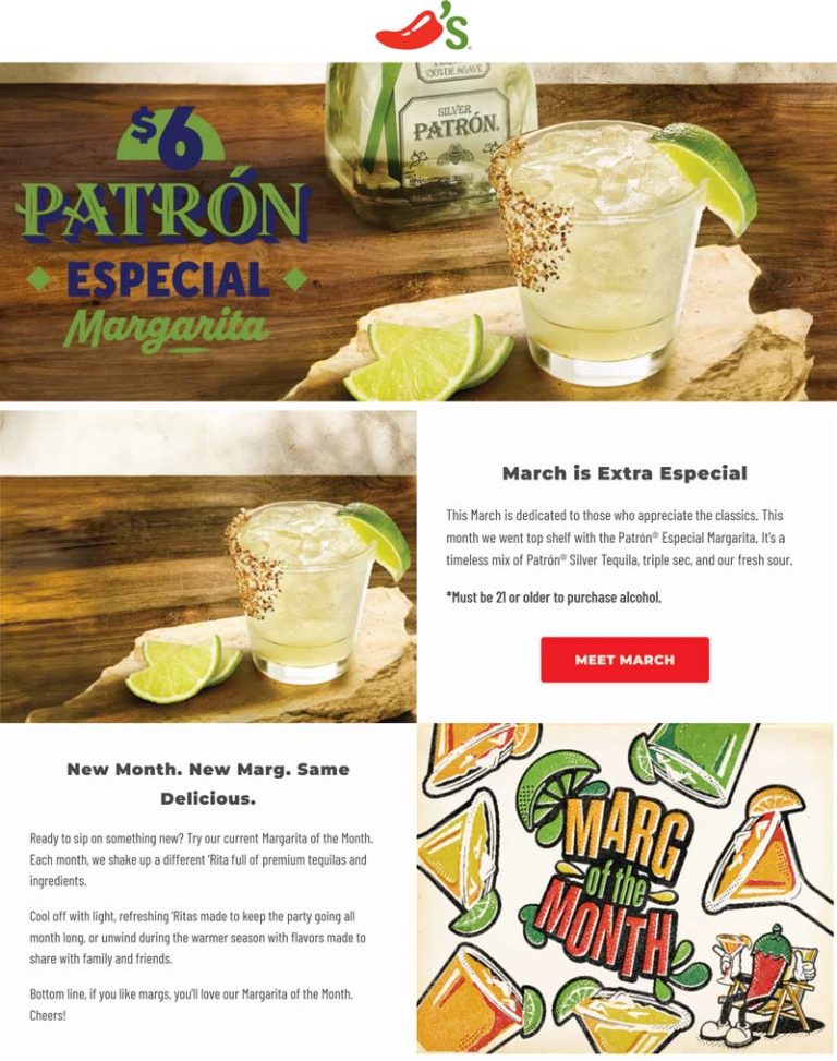 Patron silver margarita = $6 all month at Chilis restaurants