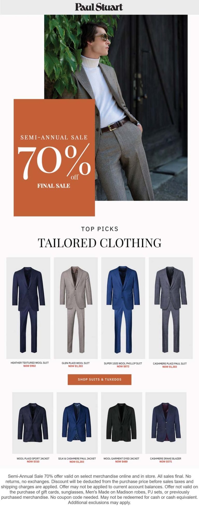 70% off tailored clothing at Paul Stuart, ditto online