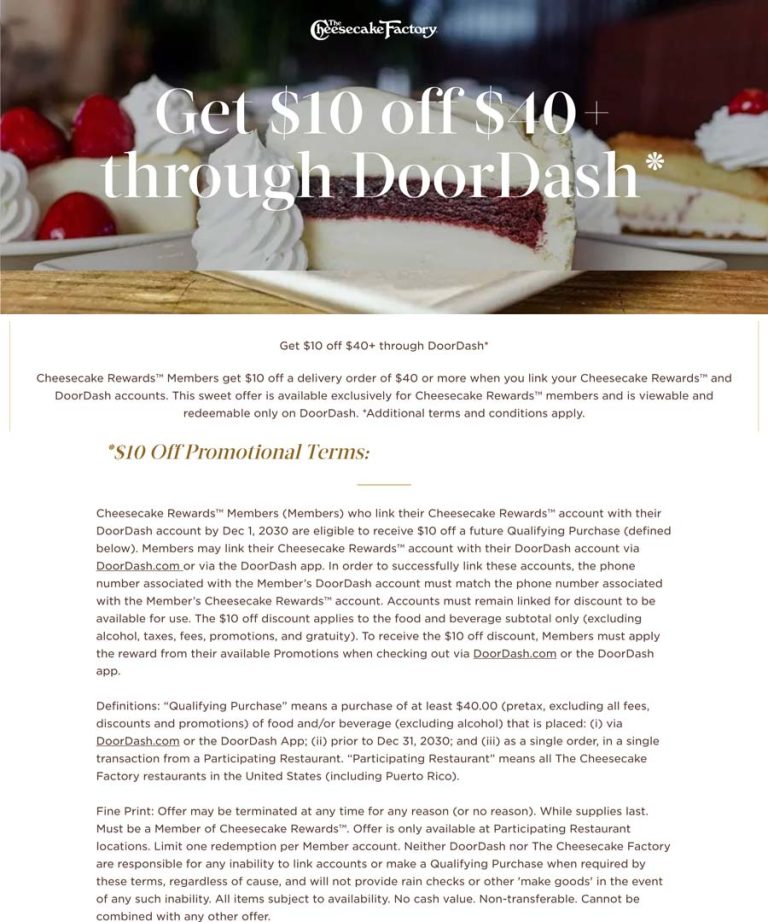 $10 off $40 via delivery at The Cheesecake Factory