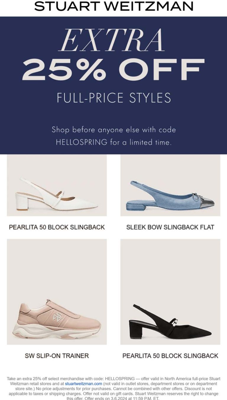 Extra 25% off at Stuart Weitzman via promo code HELLOSPRING