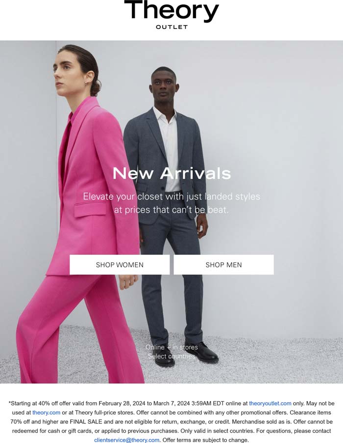 40 off new arrivals at Theory Outlet, ditto online theoryoutlet The