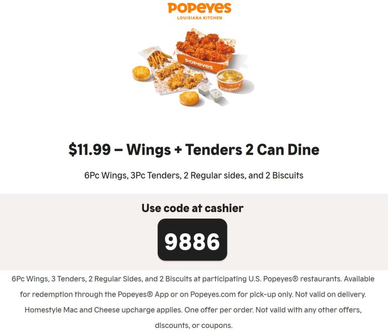 6pc wings + 3pc chicken tenders + 2 sides + 2 biscuits = $12 at Popeyes