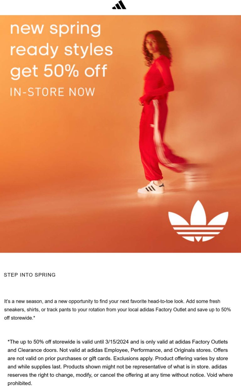 Spring styles are 50% off at adidas Factory Outlets