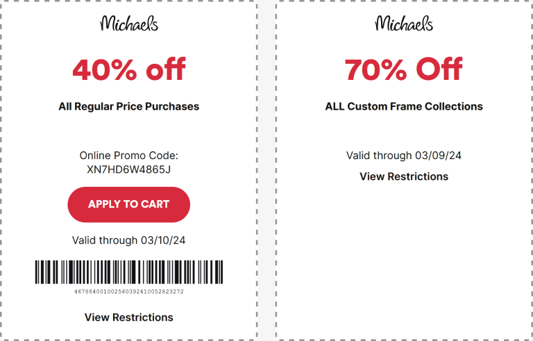 40% off a single item at Michaels, or online via promo code XN7HD6W4865J