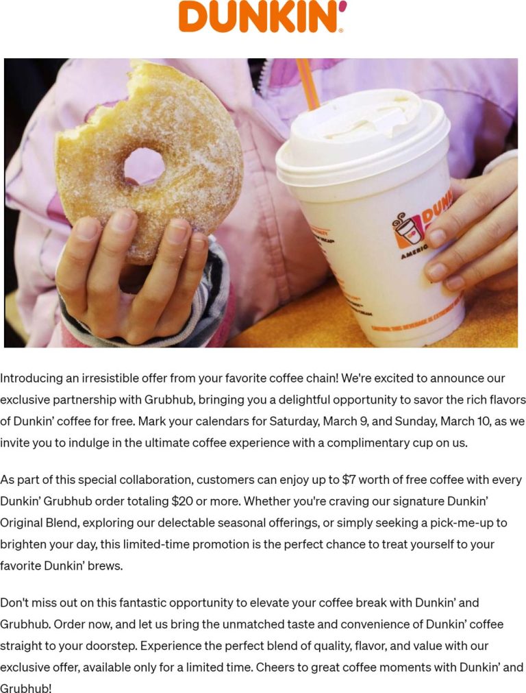 Free coffee on $20 delivery at Dunkin Donuts