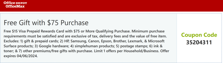 $15 cash card free on $75 at Office Depot OfficeMax via promo code 35204311