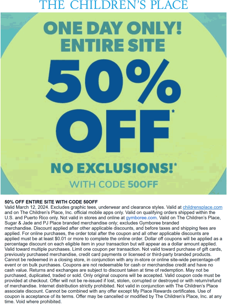 50% off everything online today at The Childrens Place via promo code 50OFF